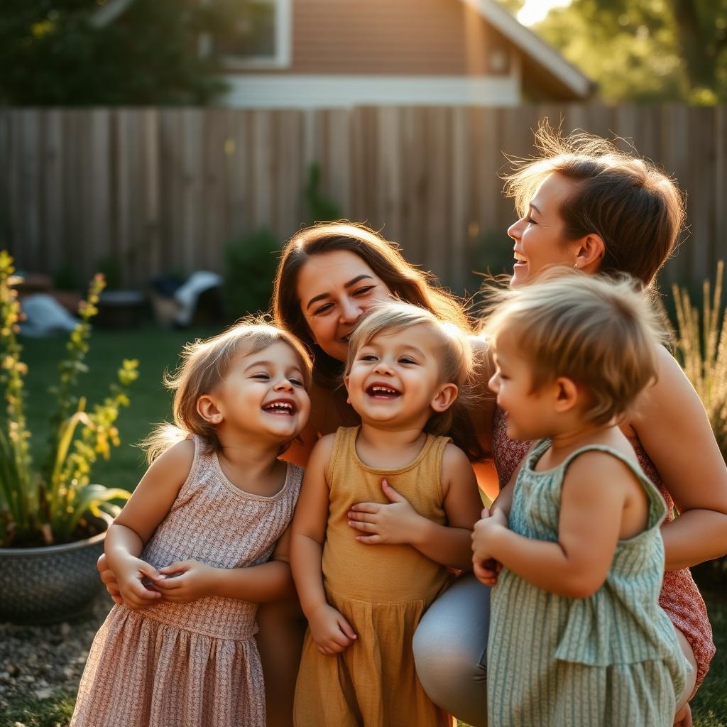 Children laughing together with a caregiver in a sunlit backyard