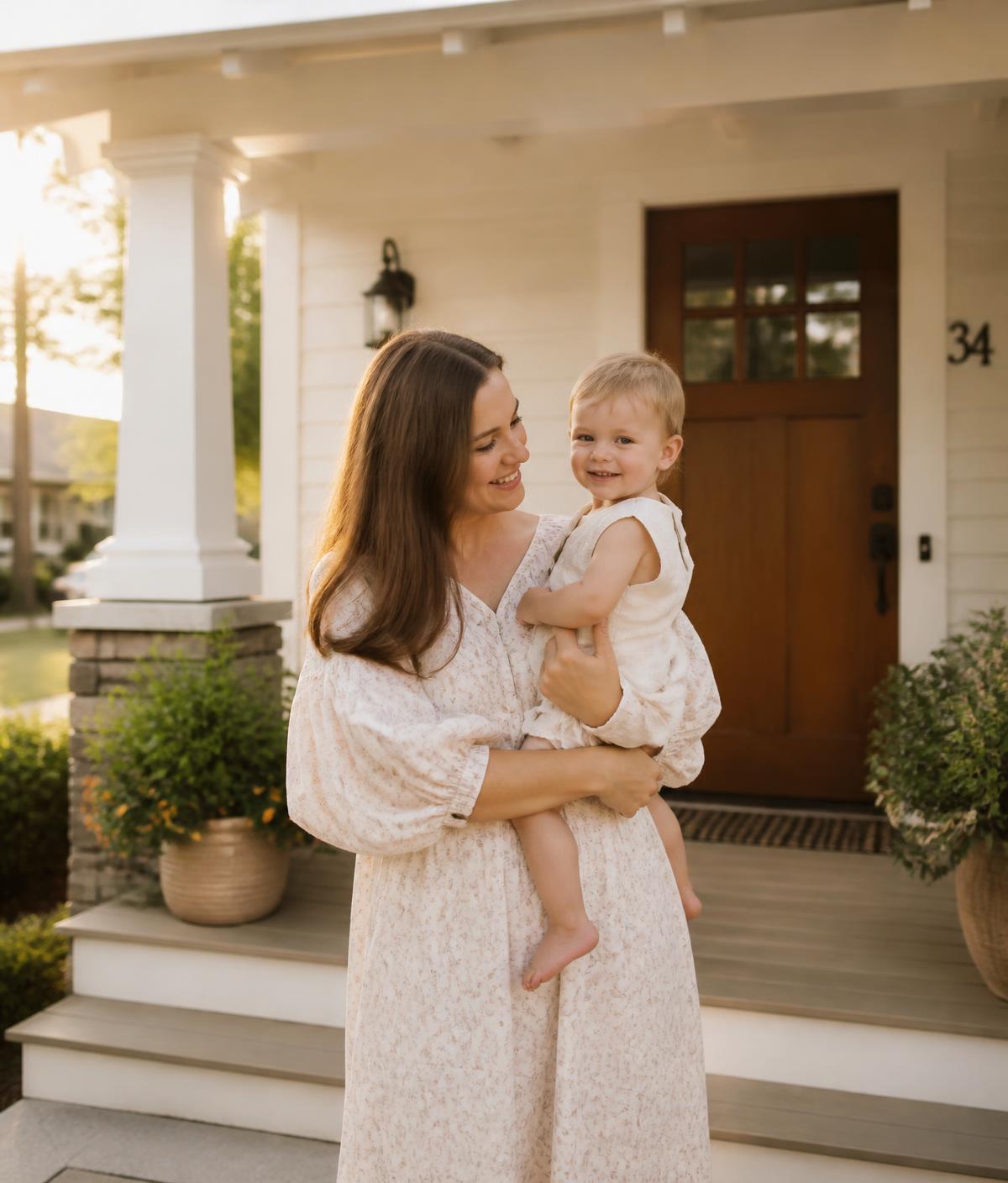 A mother holding her young child on the porch of a warm, welcoming home