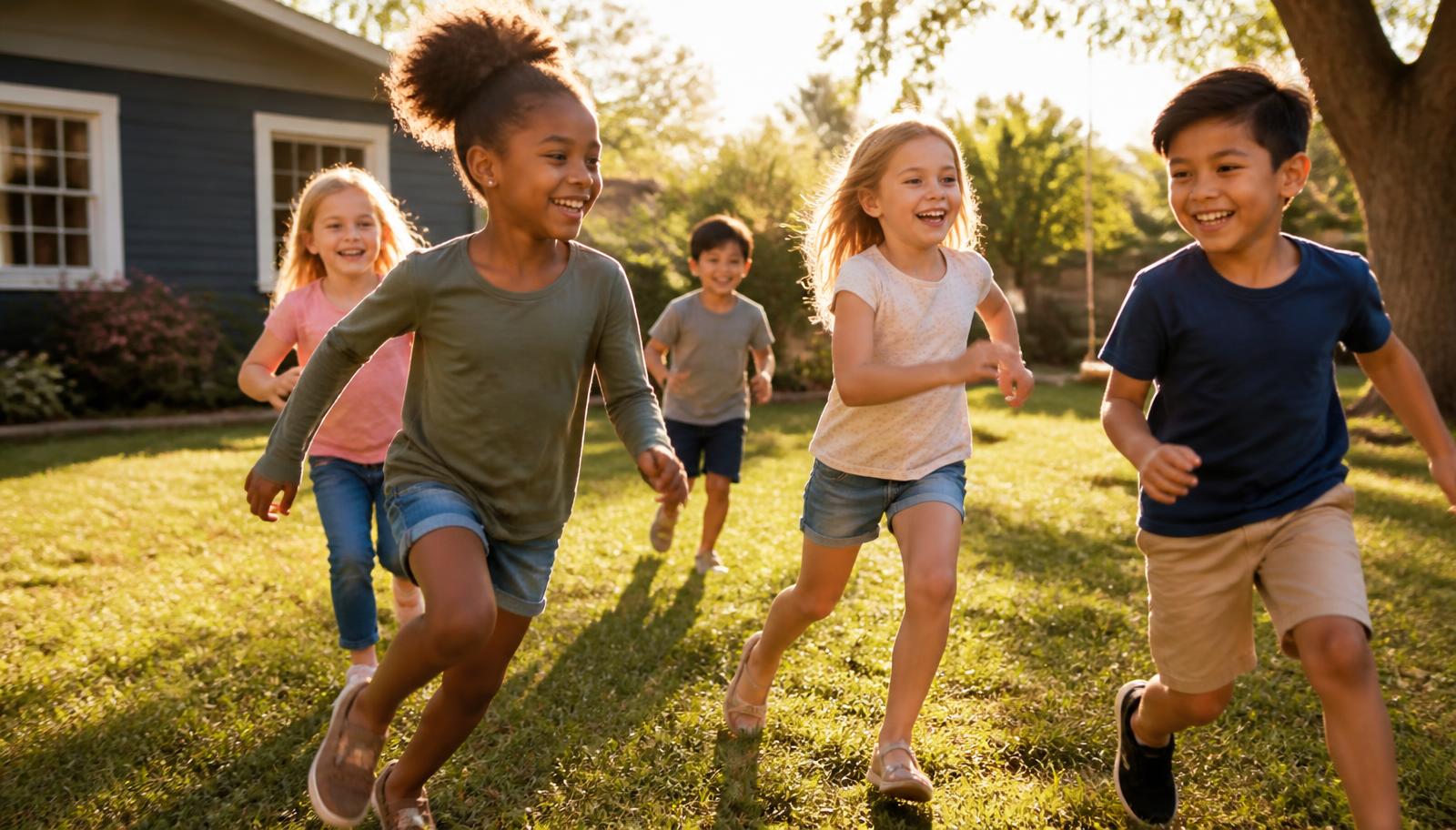 Children laughing and playing together in a sunlit backyard