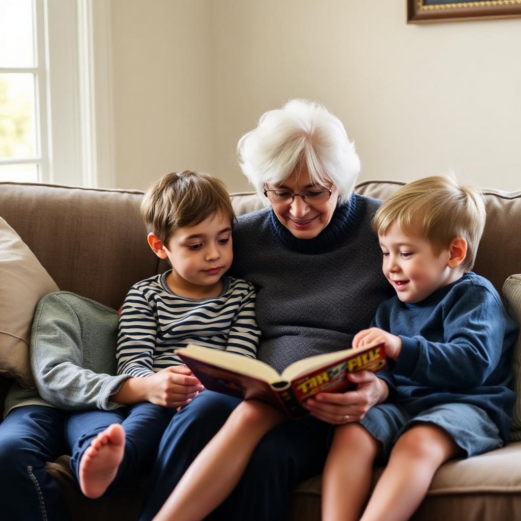 An older woman reading a book to two young children on a couch