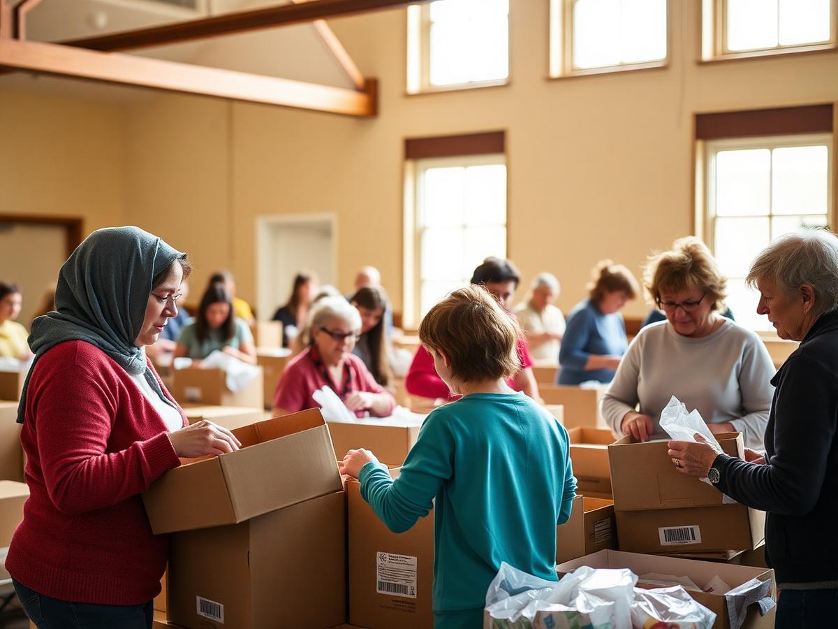 Volunteers of different ages packing donation boxes together